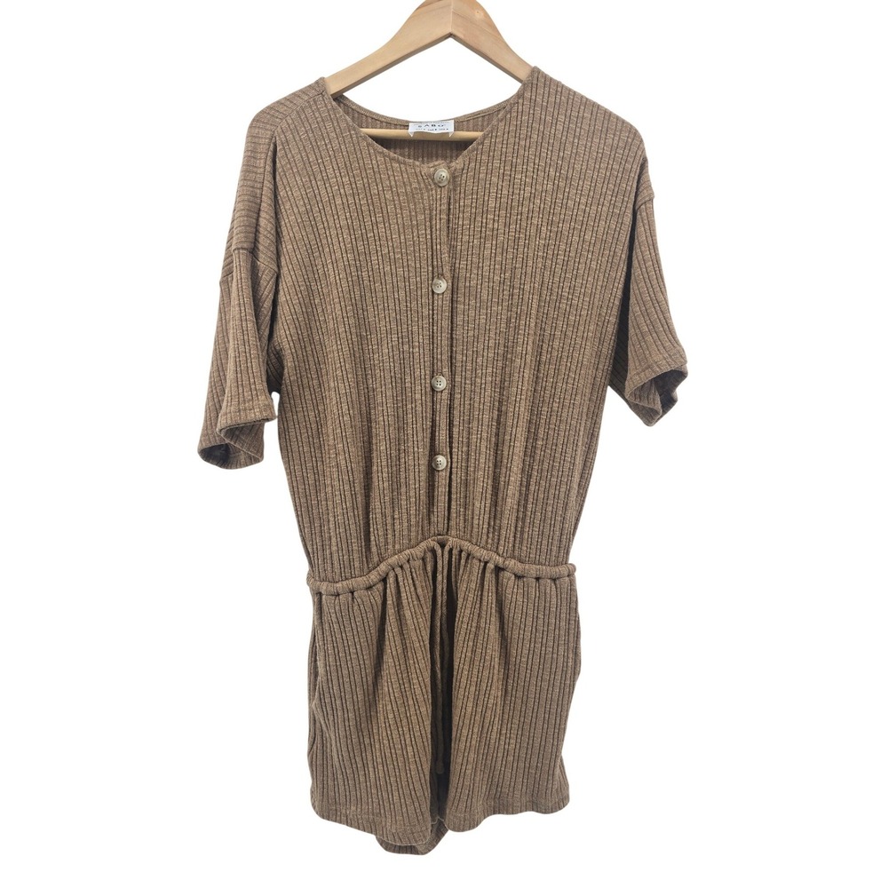 Sabo Romper Womens S Brown Ribbed Knit Button Front Short Sleeve Pockets Casual